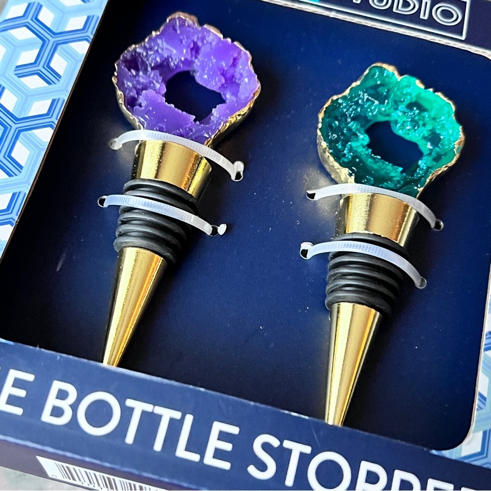 🆕 Jonathan Adler Wine Stoppers Purple Green Crystal Astrology Gift Gold Chic NWT